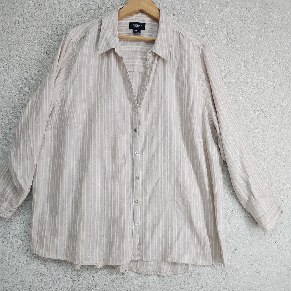 Jones New York Blouse Womens 2X Striped Linen Blend Tunic Button Up Beige Gold